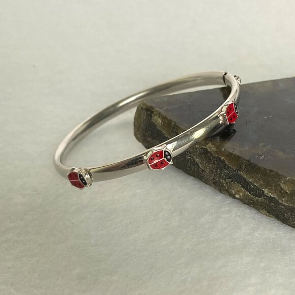 Sterling Silver 925 Youth XS Women Enamel Ladybug Oval Bangle Bracelet Sz 5.75" - Picture 5 of 16